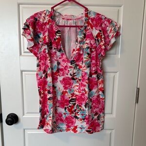 Floral Pink Ruffle Sleeve Women's Top